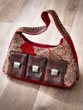 Bohemian Red Lace & Brown Pocket Shoulder Bag